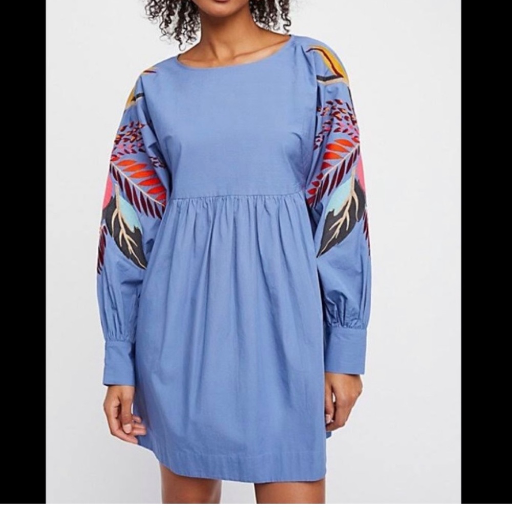 Free People Embroidered Blue Mini Babydoll Dress